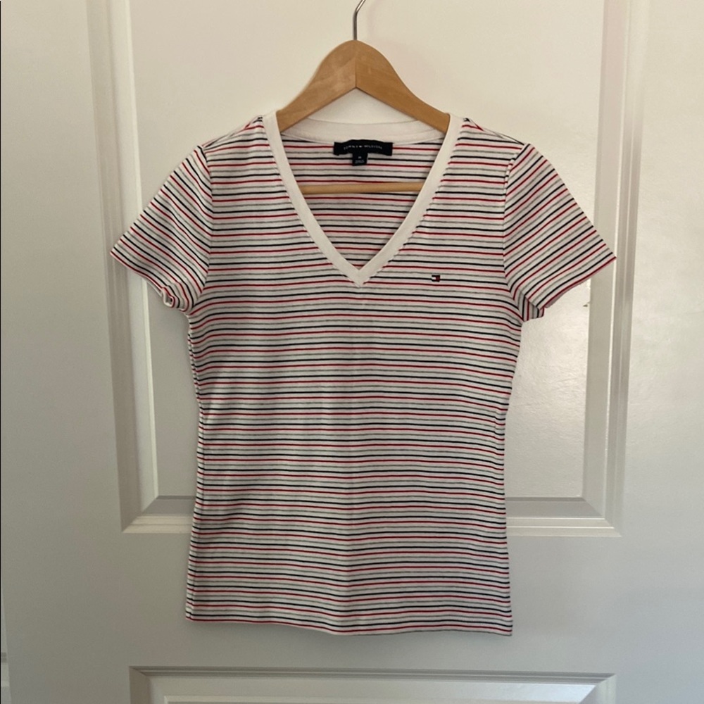 Tommy Hilfiger Red and White Short Sleeve Tee